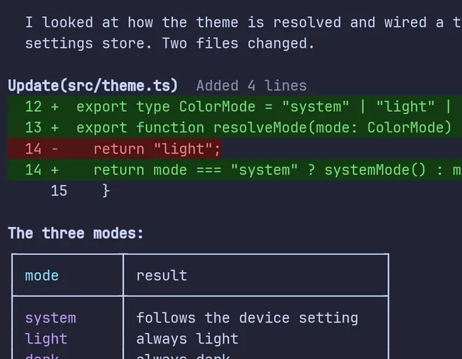A coding agent’s output in Muqun: a coloured diff, a bordered table and a green pass line.